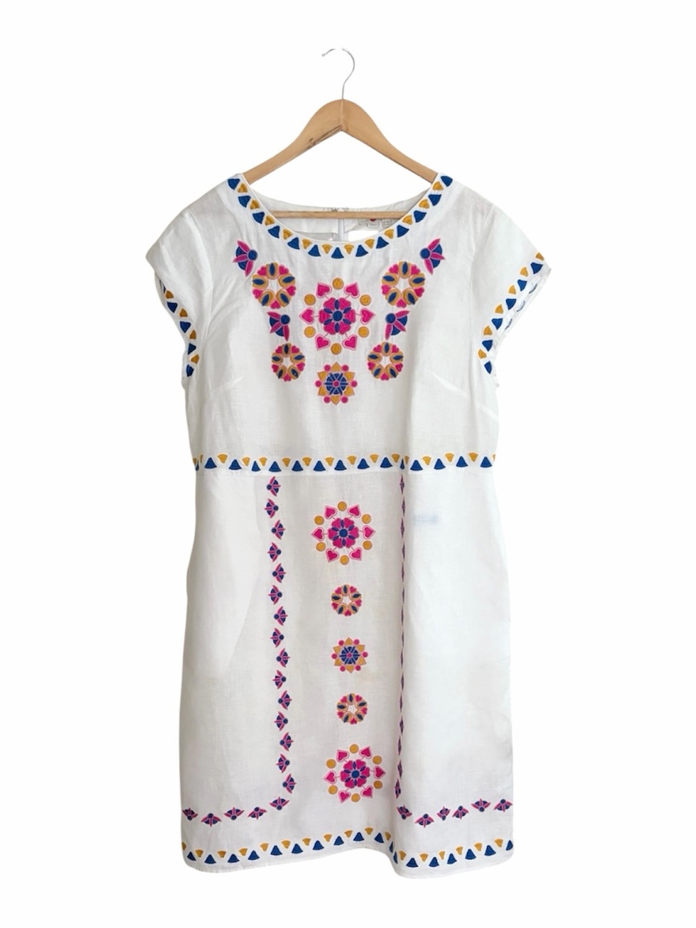 Boden Laura White Linen Pink Embroidered Short Sleeve Dress 12L - Picture 2 of 5
